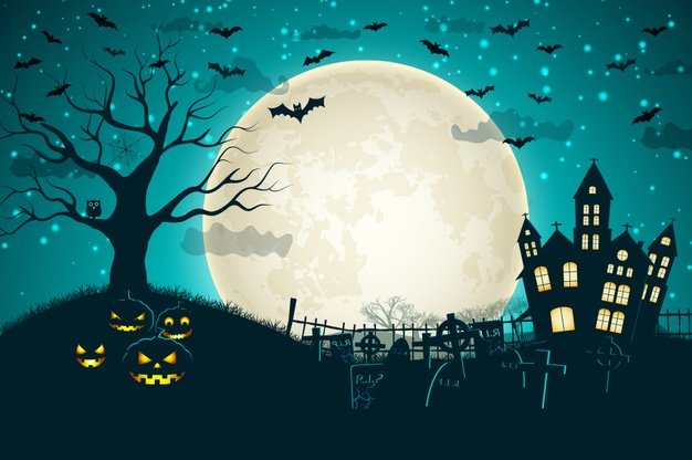 halloween night moon composition with glowing pumpkins vintage castle bats flying cemetery flat