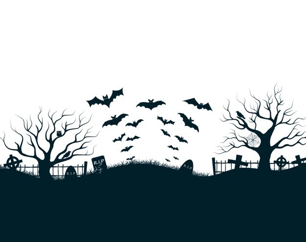 Halloween night illustration with dark castle cemetery crosses dead trees bats