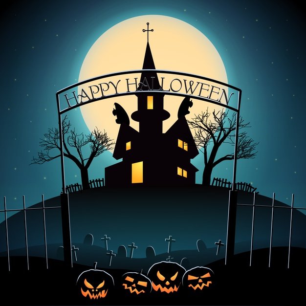 Halloween composition with lanterns from pumpkin cemetery haunted house glowing moon