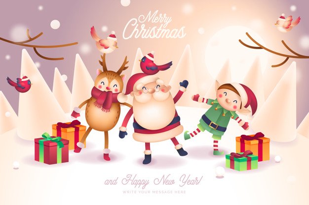 christmas card with lovely santa friends characters