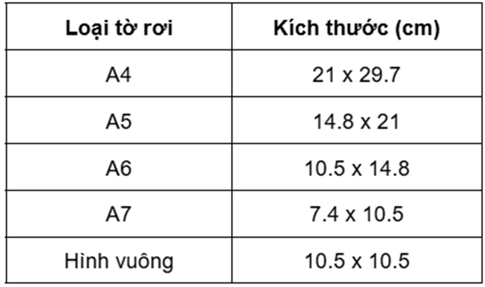 Bảng kích thước các tờ rơi