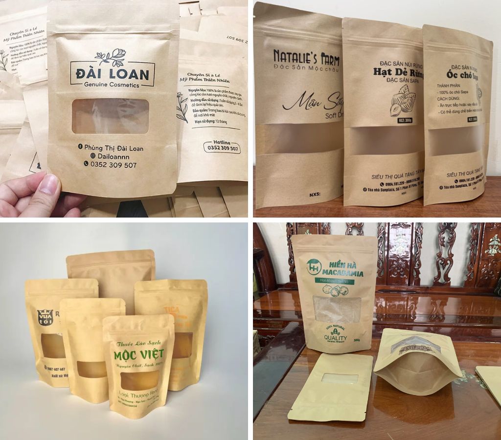 túi zip kraft cửa sổ có nhiều kích thước để đóng gói đa dạng khối lượng thực phẩm. 