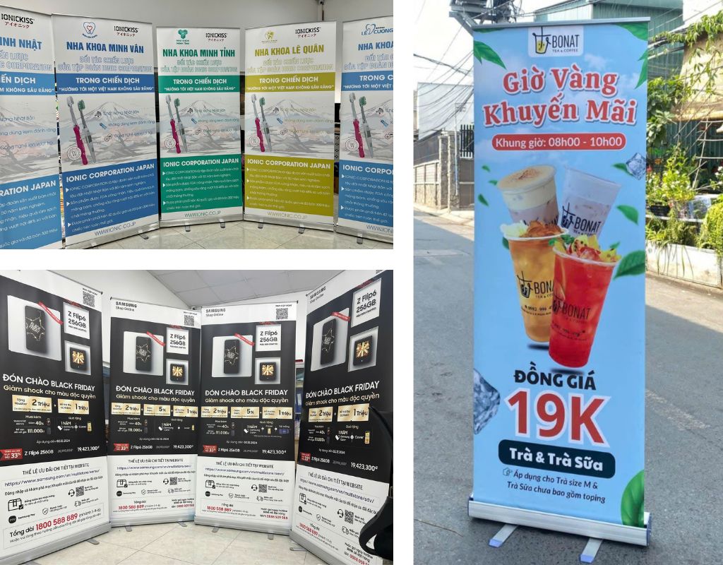 standee cuốn có đặc điểm đứng thẳng 90 độ và cuốn lại khi không sử dụng